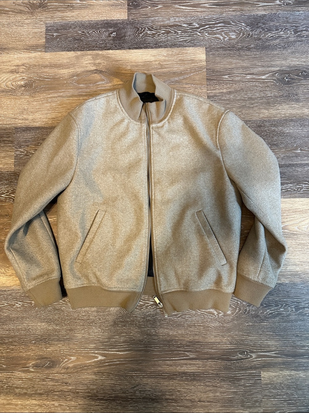 Zara Men's Camel Wool Jacket with Ribbed Trim